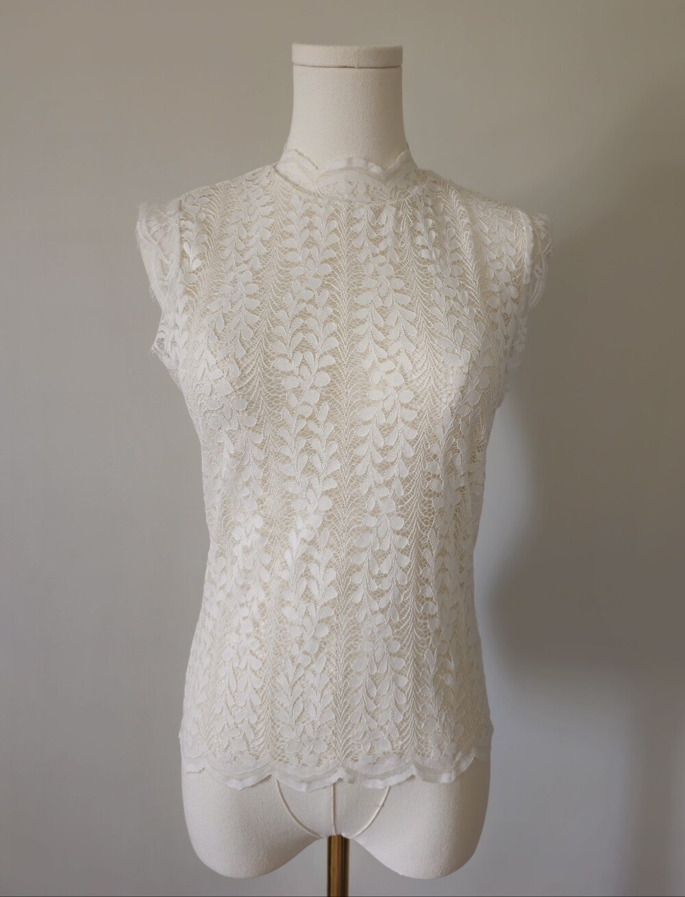 Dynamite M sheer Lace Overlay Sleeveless Top Cream